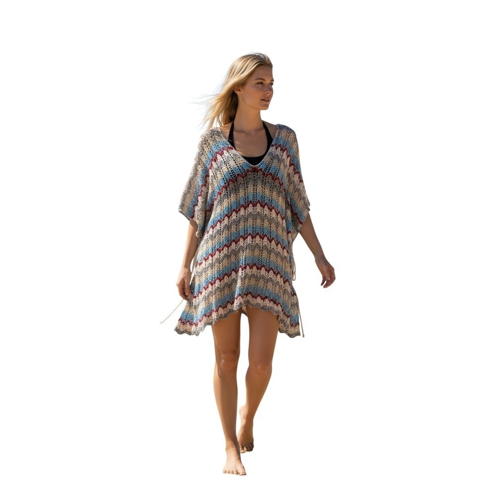 Boho Crochet Chevron Knit Poncho Top Lace Up V Neck Beach Cover Up OS